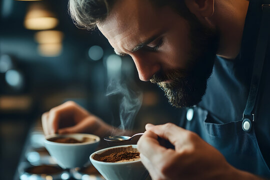 Coffee Cupping A barista smelling the aroma of freshly ground coffee in a cupping bowl