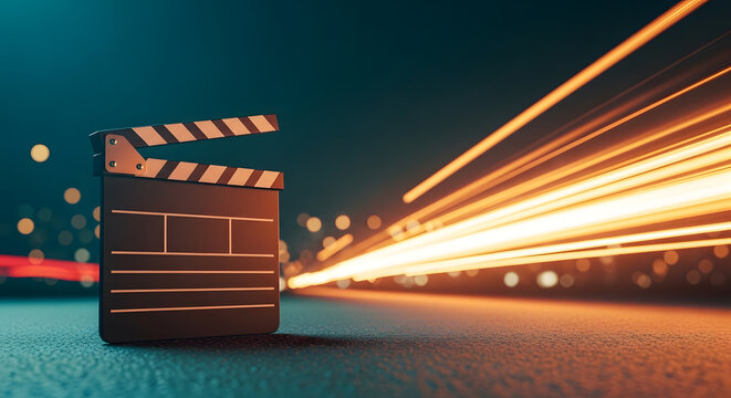 professional film clapperboard on urban street | cinematic light trails movie production background | creative filmmaking concept with motion blur | hollywood clapper board at night with bokeh lights
