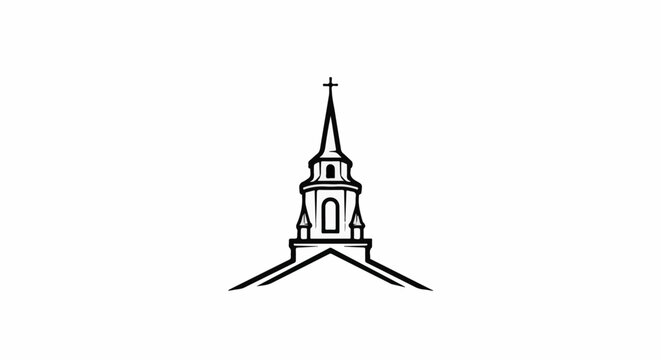 Stylized church steeple with arched windows and cross