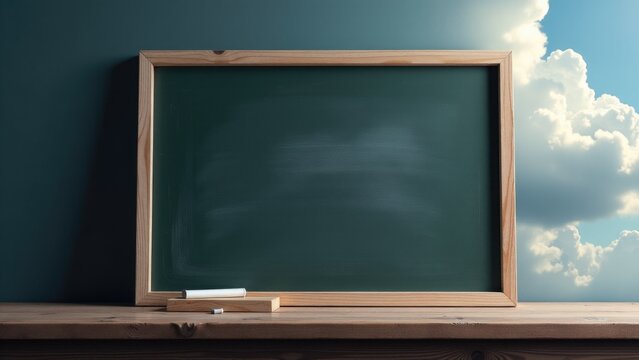 A simple illustration of a chalkboard sitting on a wooden table, perfect for academic or creative settings