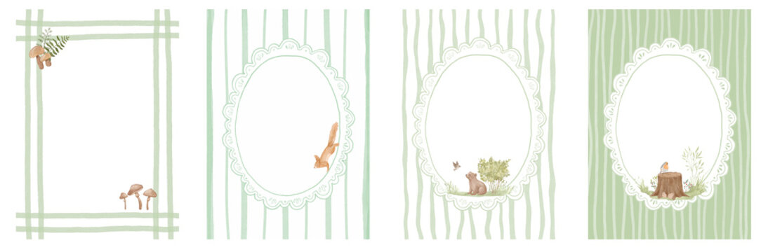 Watercolour frames set with forest animals squirrel, baby bear and bird, cute illustrations with pattern for greeting, summer childish cottagecore decoration
