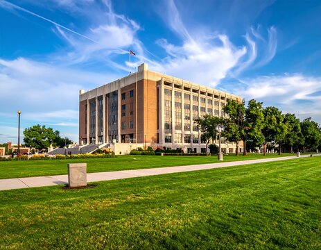 Large brick building under a partly cloudy blue sky, viewed from a manicured green lawn. A row of trees lines the right