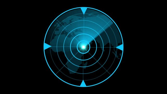 Blue radar display showing earth central target. Blue radar display showing earth tech. Blue radar display showing earth for futuristic planetary monitoring systems.