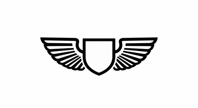 Stylized emblem with shield and outstretched wings on white