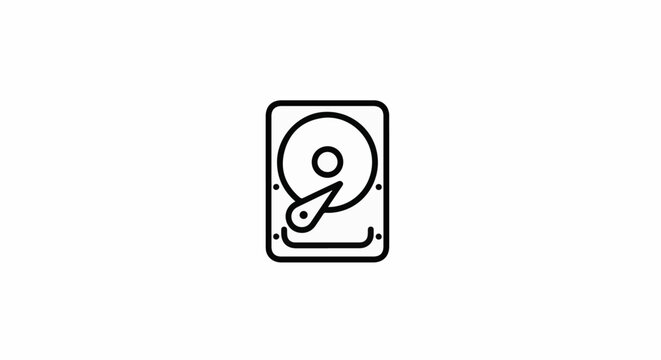 Minimalist icon of a computer hard drive with a rotating disc