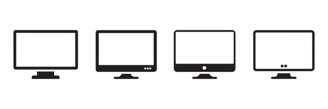 Flat screen television and computer monitor icons in various black silhouettes for design.