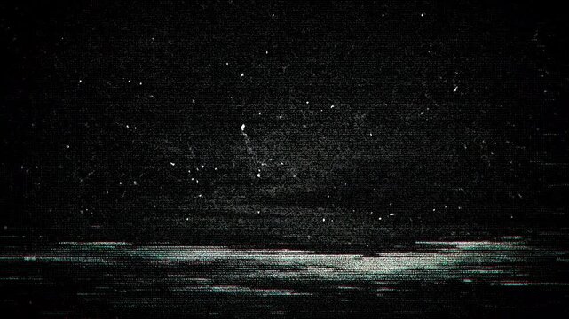 Heavy digital glitch overlay background with VHS static, corrupted video signal noise, and RGB chromatic aberration