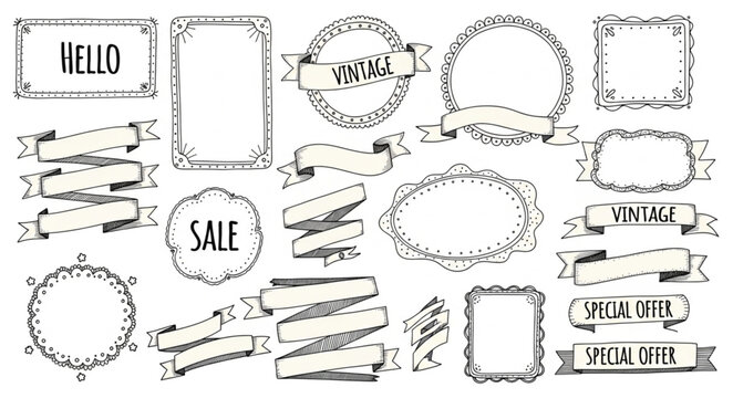 Collection of Hand Drawn Vintage Frames and Banners.