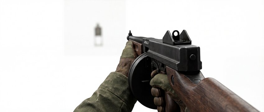 First-person perspective of hands gripping a classic Thompson SMG, aiming downrange at a blurred target. Ideal for military, history, action, or gaming concepts. Generative AI.