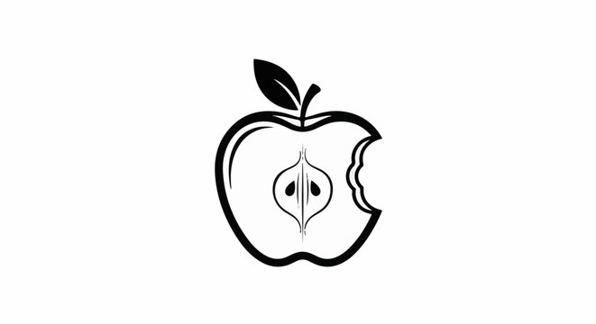 Stylized black and white line art of a halved apple with a bite mark