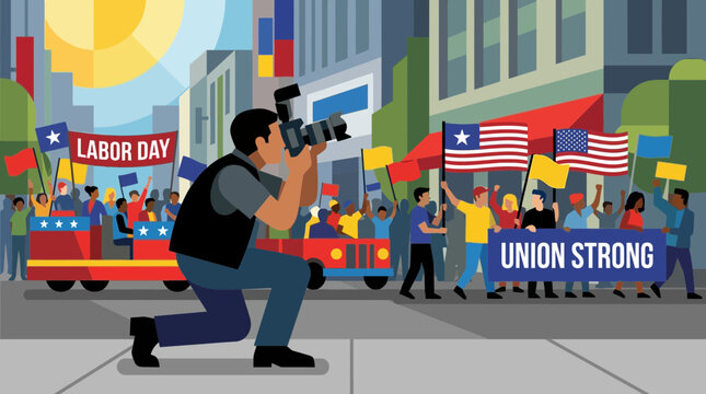 Photographer Documenting Labor Day Parade and Union March in City