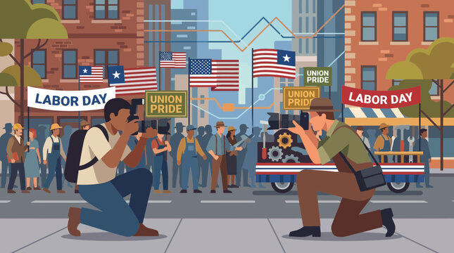 Labor Day Parade with Photographers and Union Workers Illustration