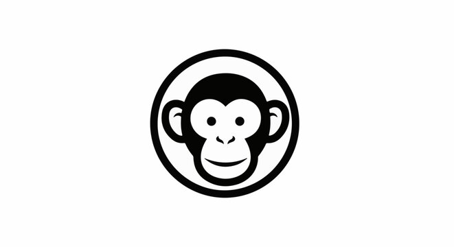 Black and white graphic icon of a monkey face within a circle