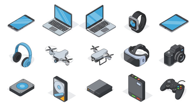 Isometric illustration of modern technological devices and accessories in a row format