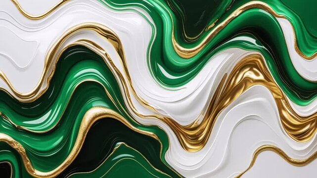 This luxurious abstract background features a harmonious blend of soft waves of emerald green, milky white, and metallic gold accents.