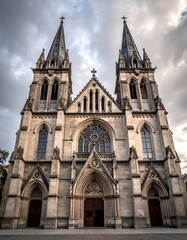 Fototapeta premium Impressive gothic cathedral under an overcast sky. Two towering spires flank the ornate fa?ade, featuring detailed stonework, arched windows, and a rose window