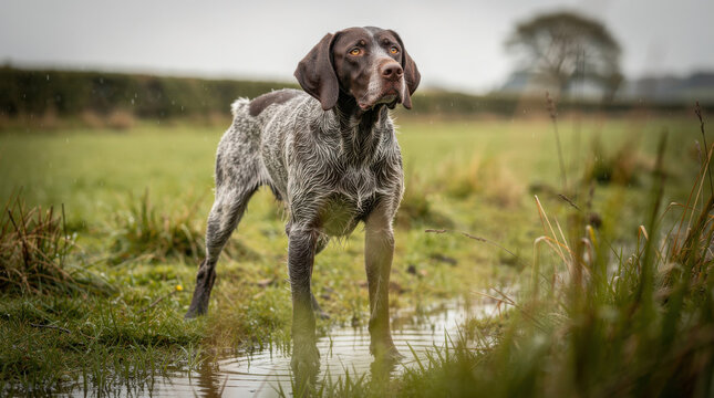 German Wirehaired Pointer Low Angle Wet Field Wildlife Telephoto Shot Natural Frame Copy Space