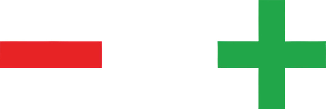 A red minus sign next to a green plus sign isolated against a plain white background surface area Vector