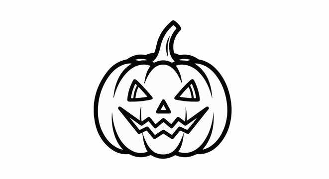 A black and white outline illustration of a carved pumpkin with a spooky face