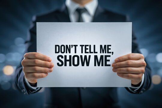 Leader Holding a Sign Demanding Action: Don't Tell Me, Show Me