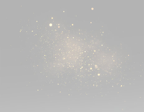 Abstract golden glitter dust cloud, glowing gold sparkles, magical particle blast isolated on grey background, shining bokeh lights, festive celebration effect for graphic design, holiday overlay asse