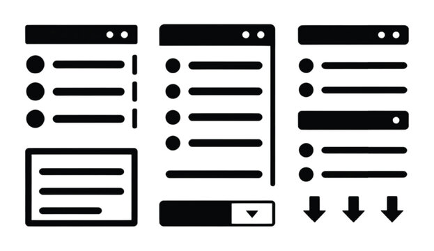 Dropdown menu selection silhouette collection with expandable list option selection arrow indicator and UI navigation control elements for web interfaces