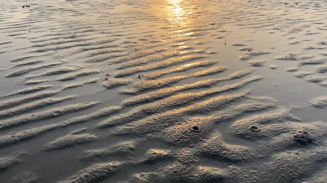Golden Hour Sunset Reflections on Sand Ripples at Parki Sea Beach, Chittagong