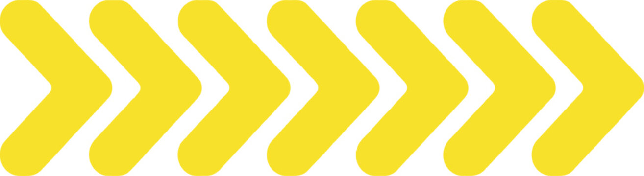 A sequence of seven bright yellow chevron arrow icons pointing towards the right on white background Vector