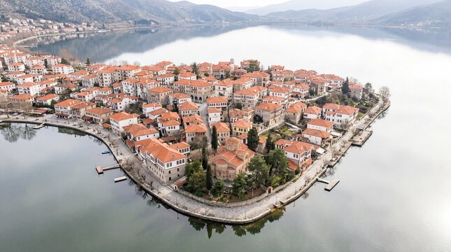 Aerial view of Kastoria town with red roof houses on the lake in Greece