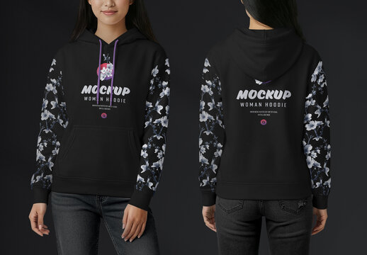 Women Hoodie Mockup Front , Side And Back View. Asian Model