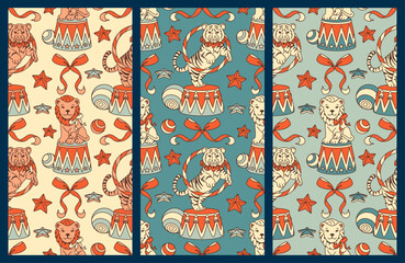 Seamless vintage pattern with lion, tiger and circus elements. Retro festive background for wrapping paper, fabric and playful decor. © Vigurskaia Sofiya