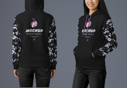 Women Hoodie 3 Mockup Back And Side View. Asian Model