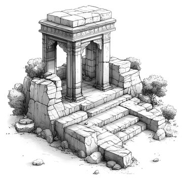 2D black and white illustration of Gandhar Artifacts site isolated on a white transparent background