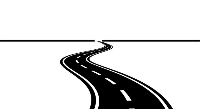 A winding asphalt road leading into an unknown destination with clear direction in a black and
