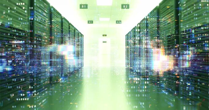 Mainframe computer room with futuristic artificial intelligence processing power. Technology And AI Related 3D Animation.