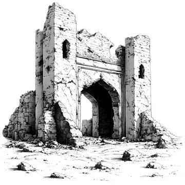2D black and white illustration of Malwa Sultanate ruins isolated on a white transparent background