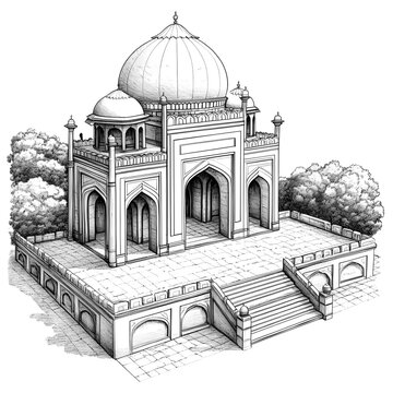 2D black and white illustration of Mehrauli Archaeological Park isolated on a white transparent background