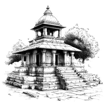 2D black and white illustration of Mukteshwar Temple isolated on a white transparent background