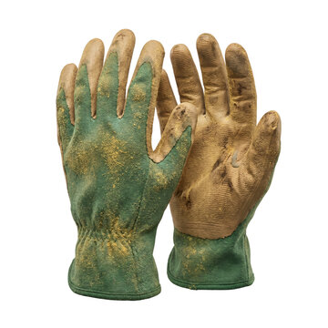 Pair of dirty used gardening gloves isolated on white background