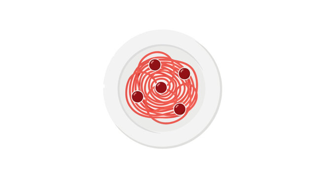 A top-down view of spaghetti with meatballs on a white plate isolated on white background