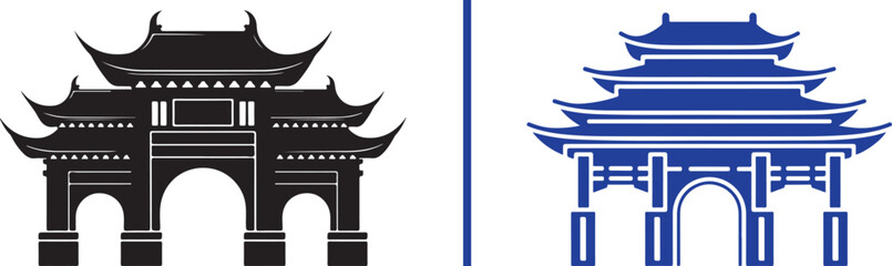 Fototapeta premium Traditional Chinese paifang gate silhouette and blue vector illustration set for Asian travel and cultural branding