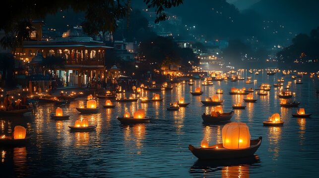 A nighttime view of a river, with boats illuminated with floating lanterns for Makar Sankranti.