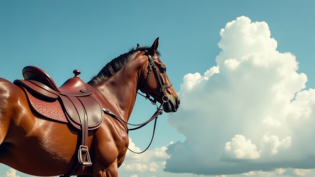 A brown horse stands in a field wearing a saddle, possibly for riding or training