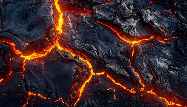 Cooling Lava Field Detailed Crack Texture.Photorealistic aerial view with orange magma glow, dramatic background.