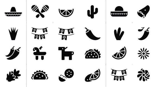 Minimalist black icon set featuring mexican fiesta elements sombrero maracas cactus taco chili donkey tequila lime and festive banners