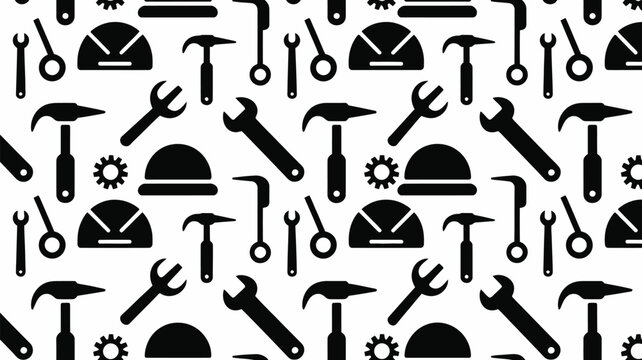 Repeating pattern of black silhouette tools including hammers wrenches and helmets on a white background