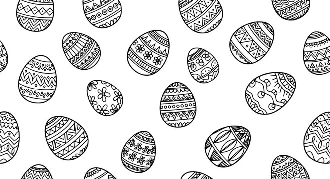 Scattered hand drawn Easter egg outline seamless pattern doodle vector monochrome background