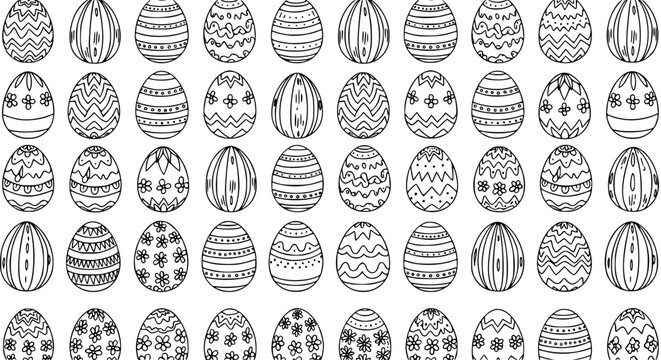 Seamless black outline Easter egg doodle pattern traditional hand drawn vector background