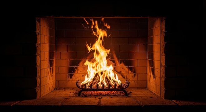 A roaring fire burns brightly in a stone hearth, casting dancing shadows and providing immense warmth for a comfortable and inviting interior setting, holiday, warmth, chimney