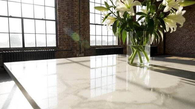 Bright interior of a spacious industrial style room with large windows and elegant marble table filled with a vase of white lilies